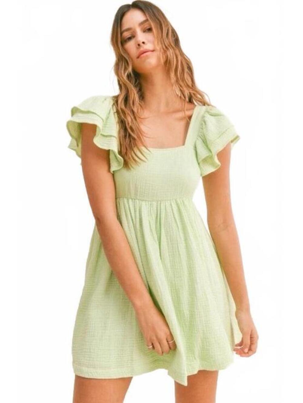 MABLE Light Lime Green Gauze Cotton Ruffle Babydoll Tunic Mini Dress Medium